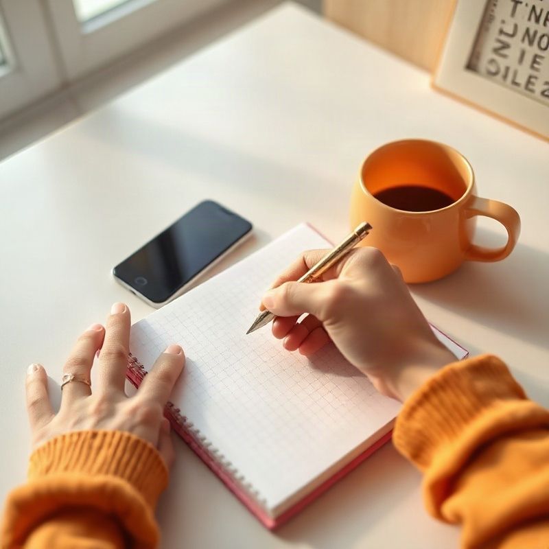 Mano escribiendo en libreta junto a un teléfono y taza de café ámbar sobre escritorio claro
