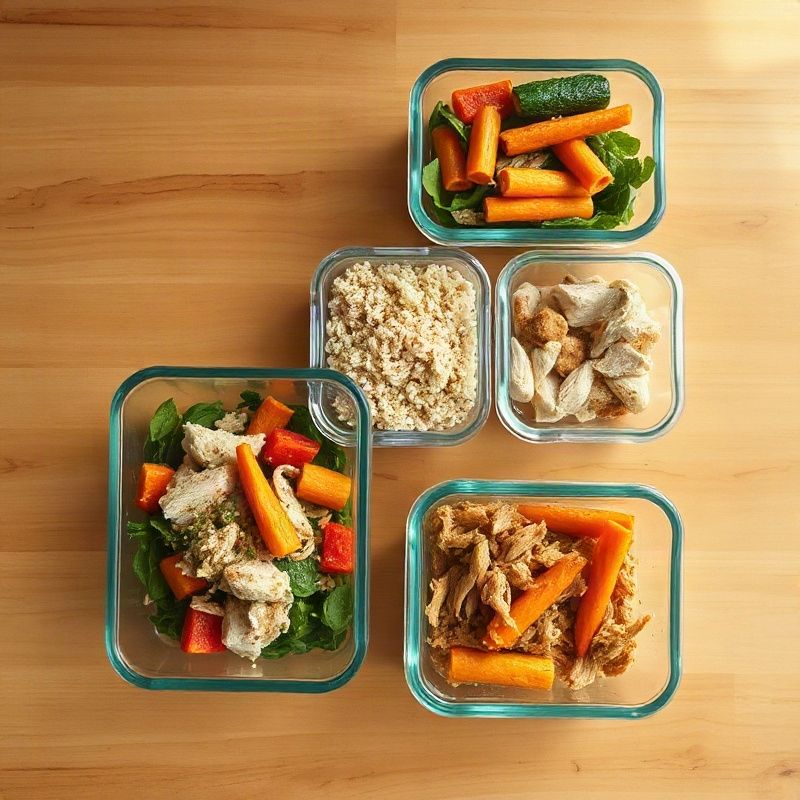 Contenedores de vidrio con arroz, vegetales asados y pollo desmechado sobre encimera dorada