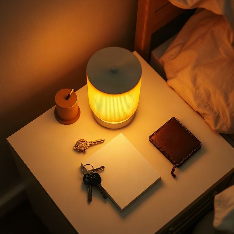 Mesita de noche ordenada con llaves, cartera, cuaderno pequeño y lámpara ámbar