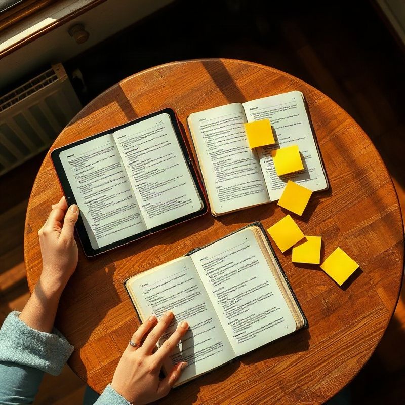 Persona explorando una tableta con cuadernos y notas doradas alrededor sobre mesa de madera cálida