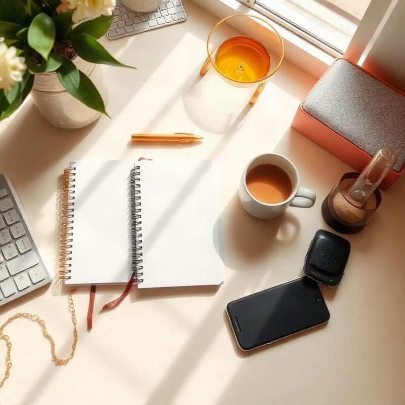 Escritorio ordenado con planificador, taza de café y reloj de arena bajo luz cálida